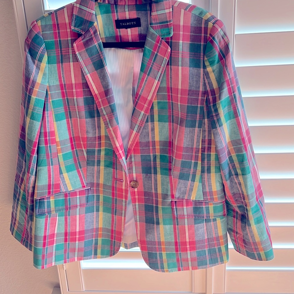 Talbots Size 14 Linen and Cotton Blend Madras Plaid Jacjet with Lapels